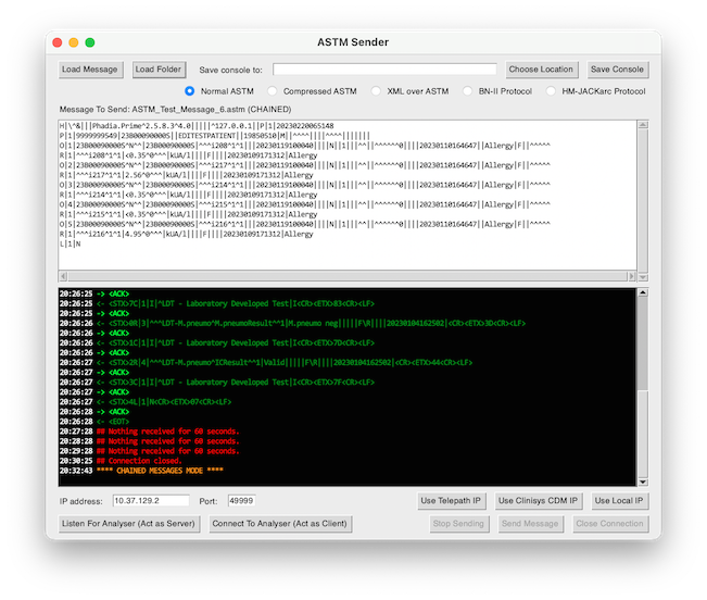 ASTM Sender window running on macOS Ventura
