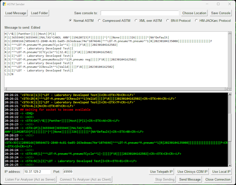 ASTM Sender window running on Windows 11